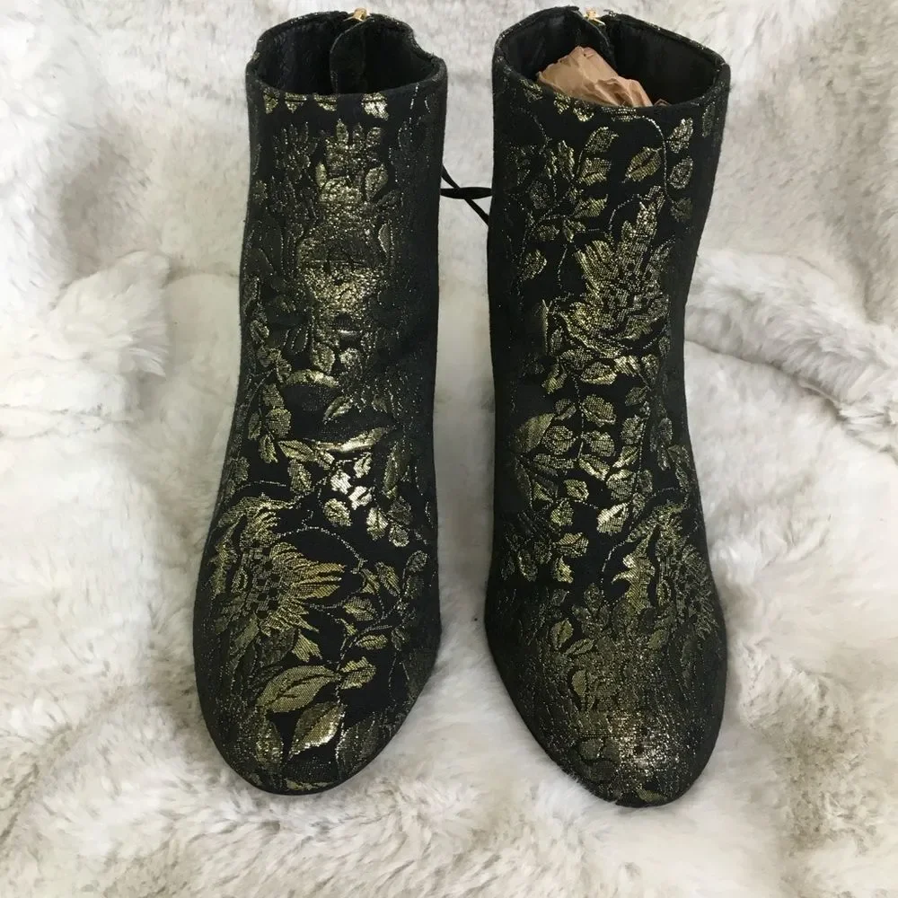 Steve Madden Black Gold Jacquard Cynthia Floral Fabric Ankle High Heel Boots 7.5